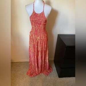 Lusana Women’s Arabella Maxi Dress in Solar Pink & Yellow Size XS Halter Smocked